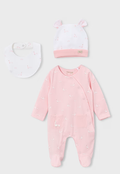 Mayoral baby girl pink footie, hat and bib gift set with textured geese, laid out