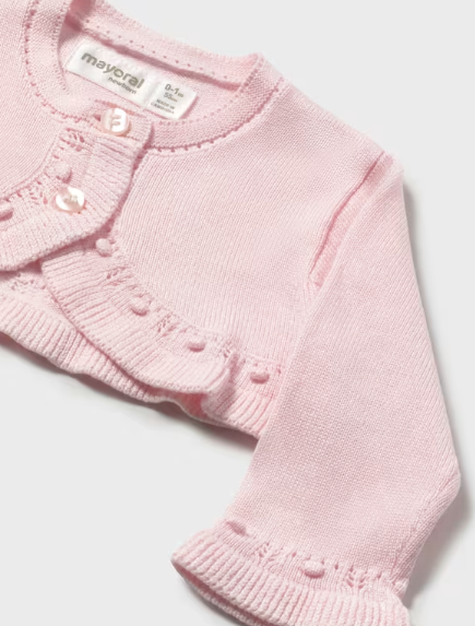 Mayoral baby girl baby rose knit cardigan, close-up of the ruffle trim