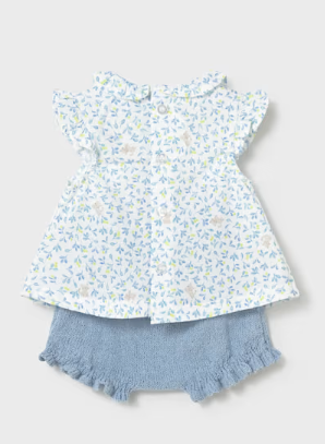 Mayoral baby girl floral blouse and lagoon blue knit bloomers set, back view