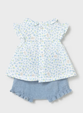 Mayoral baby girl floral blouse and lagoon blue knit bloomers set, back view