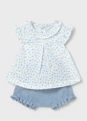 Mayoral baby girl floral blouse and lagoon blue knit bloomers set, front view