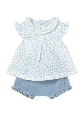 Mayoral baby girl floral blouse and lagoon blue knit bloomers set, front view