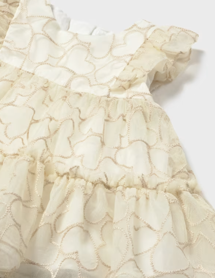 Mayoral baby girl wheat embroidered hearts overlay dress, close-up of the embroidery