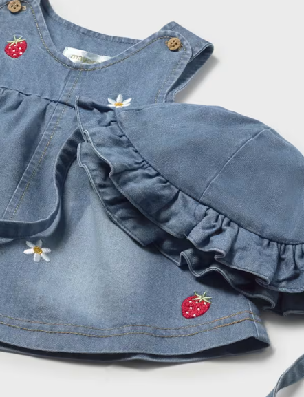 Mayoral baby girl embroidered strawberry denim dress with sun hat, close-up of the ruffles and strawberry embroidery