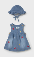 Mayoral baby girl embroidered strawberry denim dress with sun hat, front view