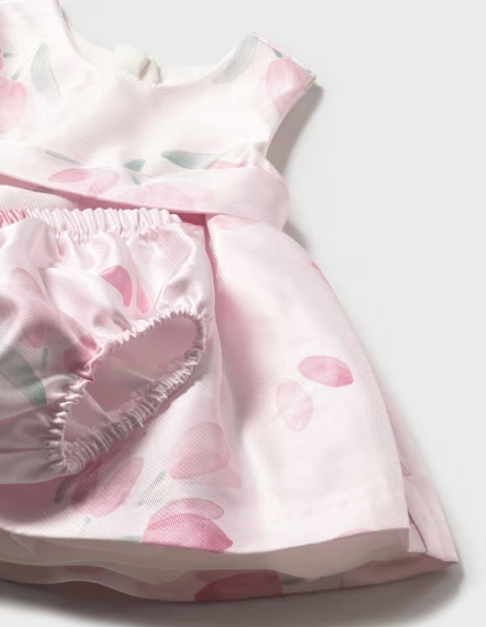 Mayoral baby girl baby rose satin tulip dress, close-up of the bow