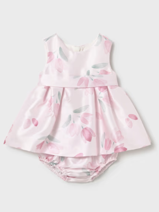 Mayoral baby girl baby rose satin tulip dress, front view with knickers