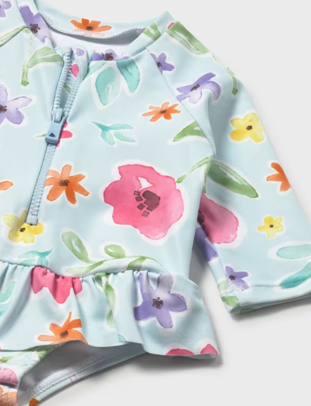 Mayoral baby girl Hawaii floral rash guard swimsuit with sun hat, close-up of the ruffle
