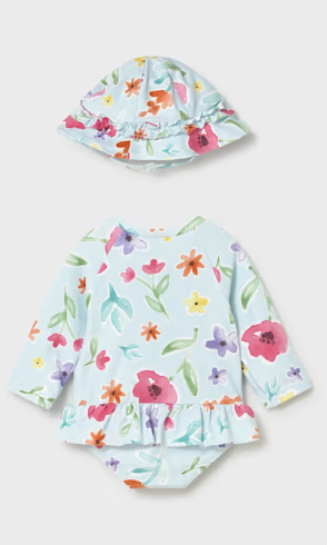 Mayoral baby girl Hawaii floral rash guard swimsuit with sun hat, back view