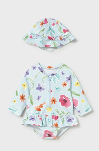 Mayoral baby girl Hawaii floral rash guard swimsuit with sun hat, front view