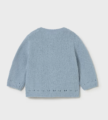 Mayoral baby girl lagoon blue openwork knit cardigan, back view