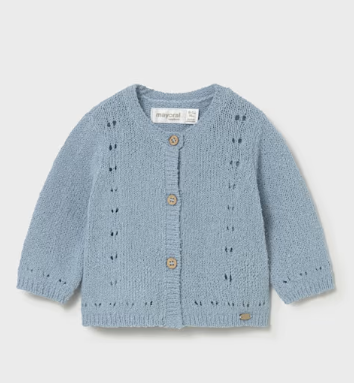 Mayoral baby girl lagoon blue openwork knit cardigan, front view