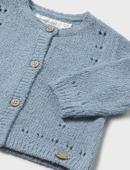 Mayoral baby girl lagoon blue openwork knit cardigan, close-up of the knit