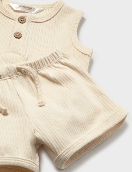 Mayoral baby chickpea tank top, shorts and sun hat set, close-up of the tank buttons
