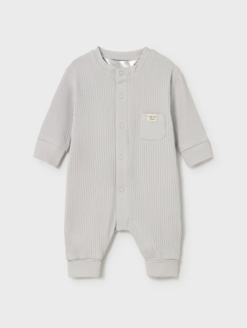 Mayoral baby light grey long romper with textured geese, back view