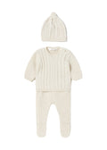 Mayoral boys knitted footie sweater and hat set, oat milk natural, front view
