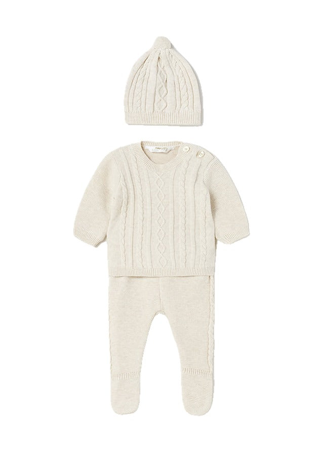 Mayoral boys knitted footie sweater and hat set, oat milk natural, front view