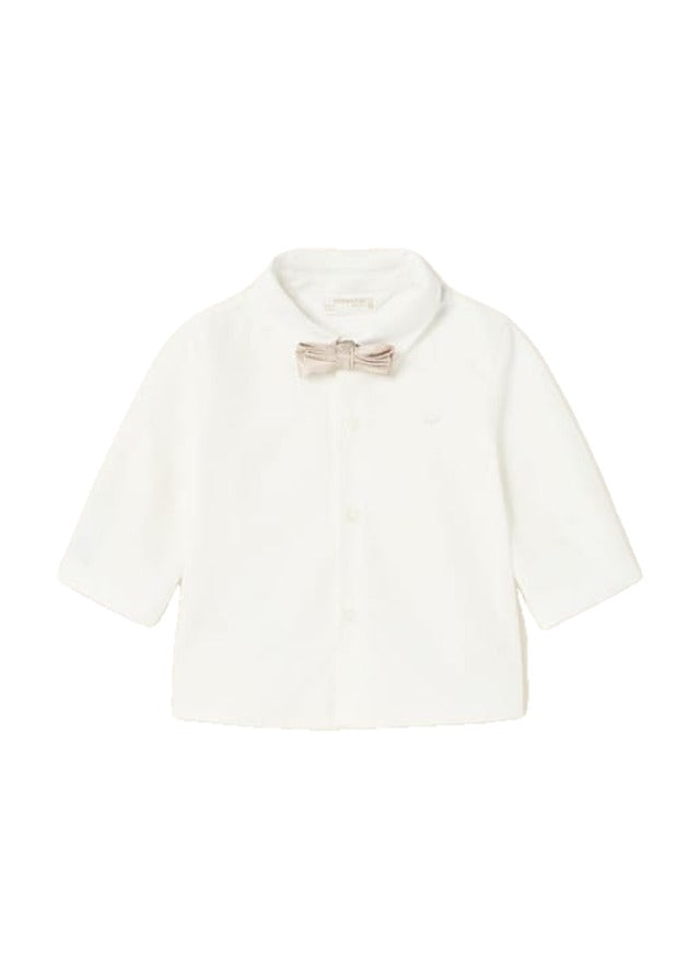 Mayoral boys long sleeve collared dress shirt with tan bow tie, front view
