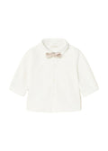 Mayoral boys long sleeve collared dress shirt with tan bow tie, front view