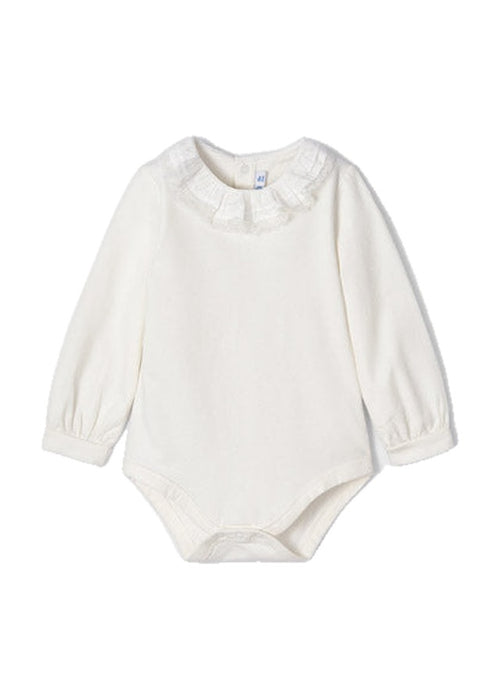 Mayoral Girls Round Neckline Laced Trim Bodysuit, Long Sleeve, Snap Bodysuit, Front
