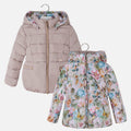 Mayoral 4463 girls reversible hooded puffer coat shown both ways: solid champagne side and pastel floral side, front view