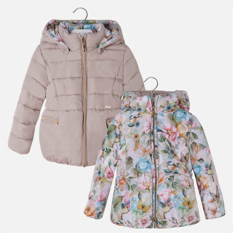 Mayoral 4463 girls reversible hooded puffer coat shown both ways: solid champagne side and pastel floral side, front view