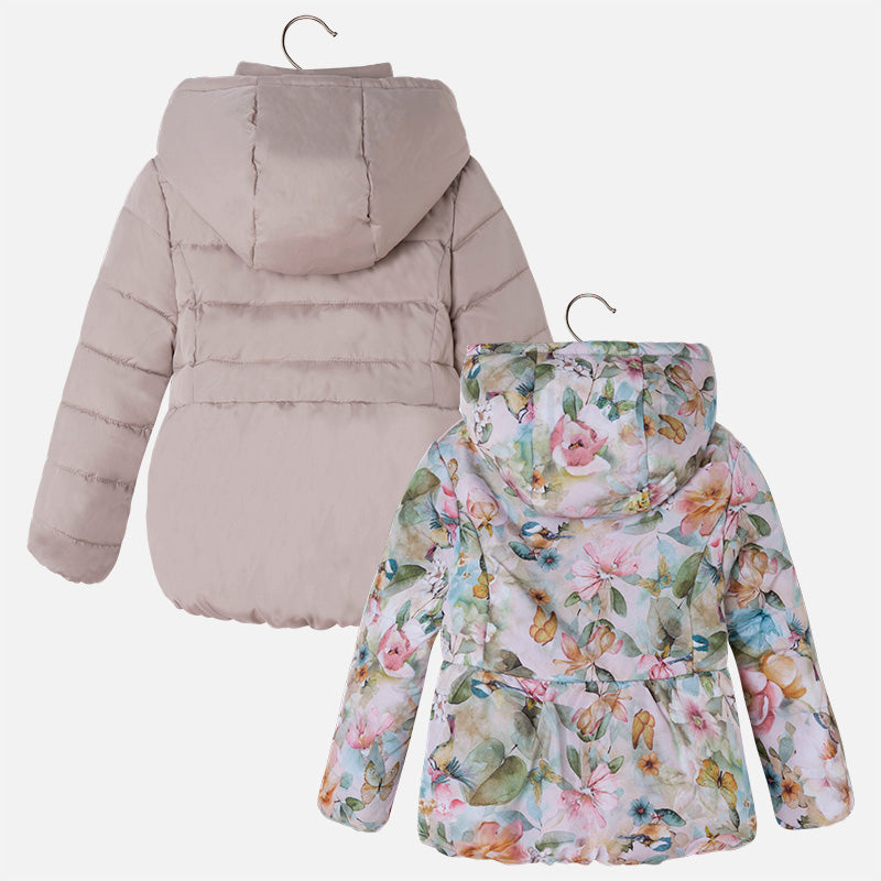 Back view of the Mayoral 4463 reversible puffer coat: champagne side and floral side with gathered waist