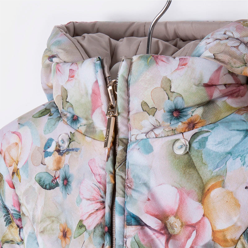 Close-up of the Mayoral 4463 puffer coat floral side with pastel flower print, hood and zipper
