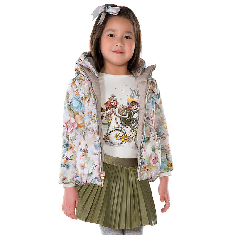 Little girl wearing the Mayoral 4463 reversible puffer coat on the floral side