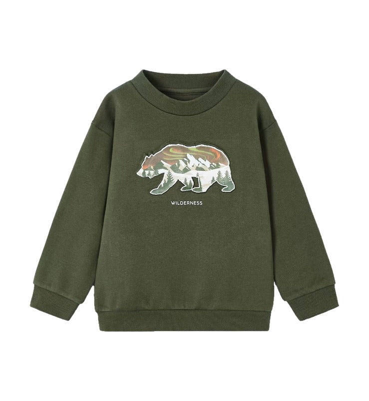 Mayoral boys embossed wilderness bear sweatshirt, forest green, front view