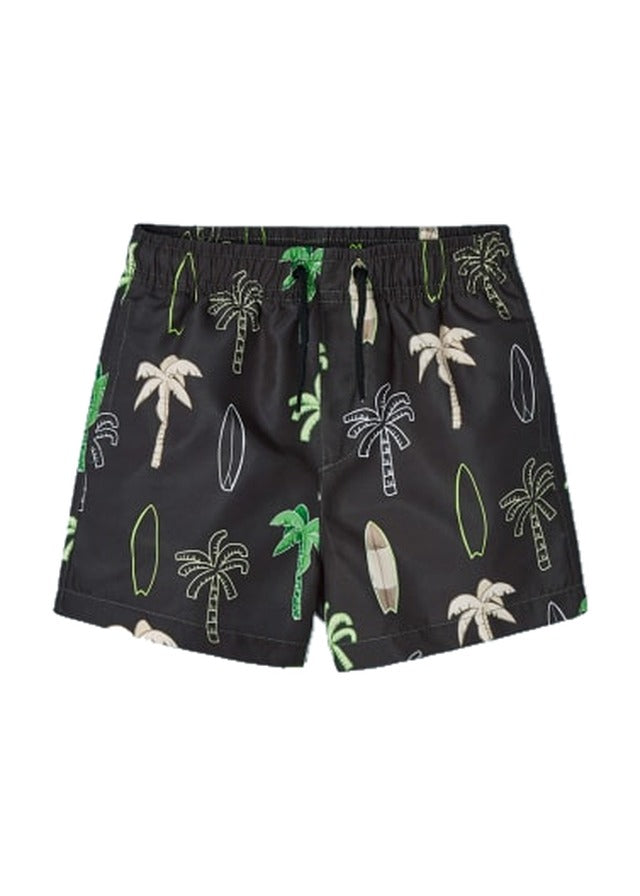 Mayoral boys printed swim trunk shorts, black & green palm surf, front view