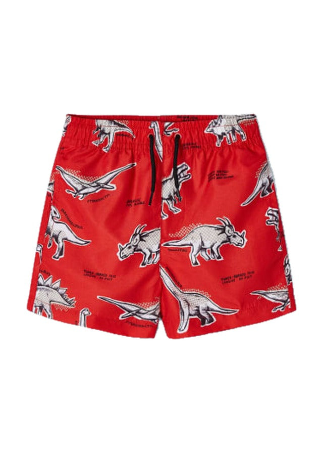 Mayoral boys printed swim trunk shorts, red dinosaur, front view