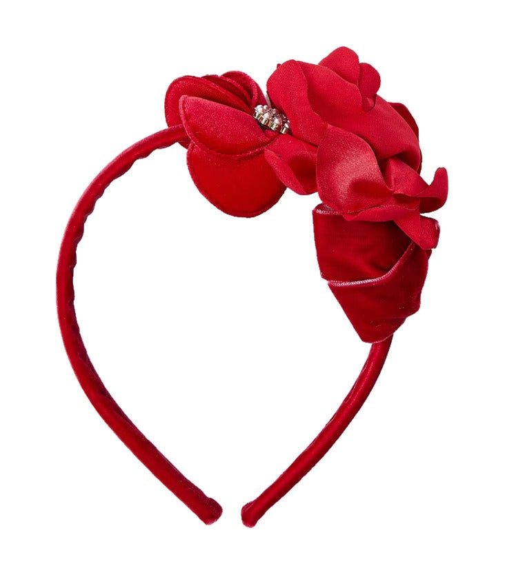 Mayoral girls velvet, satin & rhinestone headband red, front view