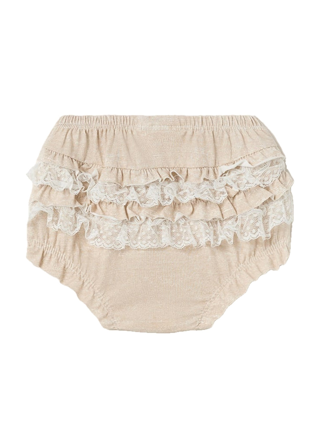 Mayoral ruffled lace bloomer diaper cover, natural linen, back view
