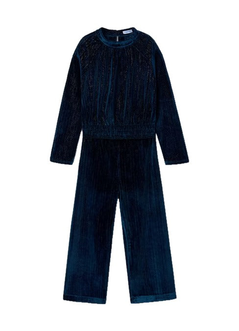 Mayoral tween girls 2-piece cold shoulder lurex & velvet pant set, emerald jewel green, front view