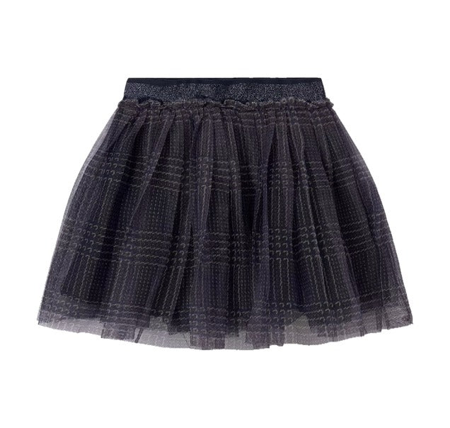 Mayoral tween girls plaid tulle skirt, navy, front view