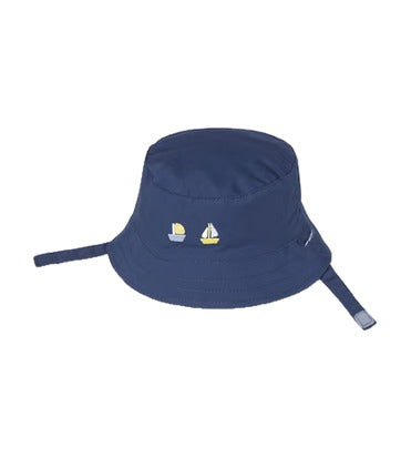 Mayoral baby reversible bucket sun hat in navy sailboat and light blue, navy sailboat side