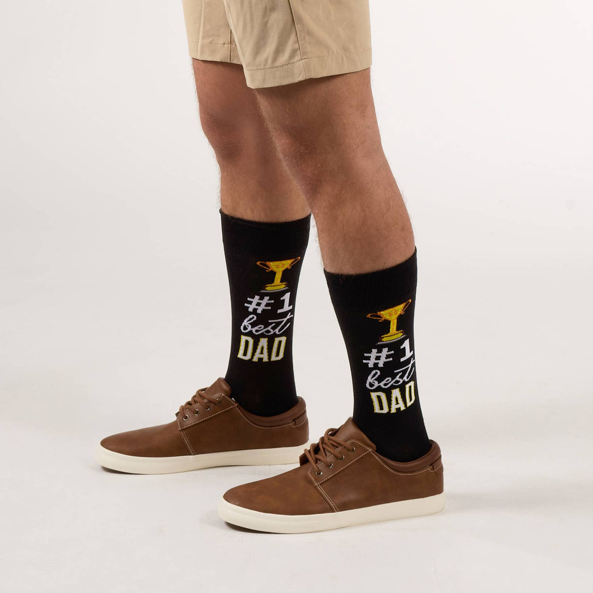 Men's bamboo #1 Best Dad crew socks, black, worn with shorts