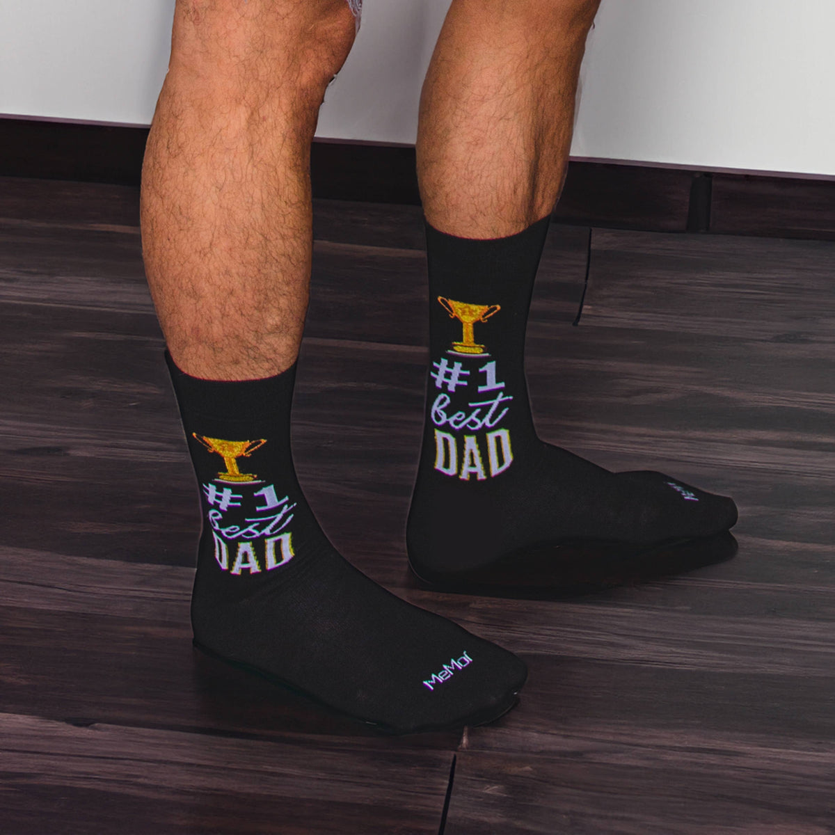 Men's bamboo #1 Best Dad crew socks, black, worn
