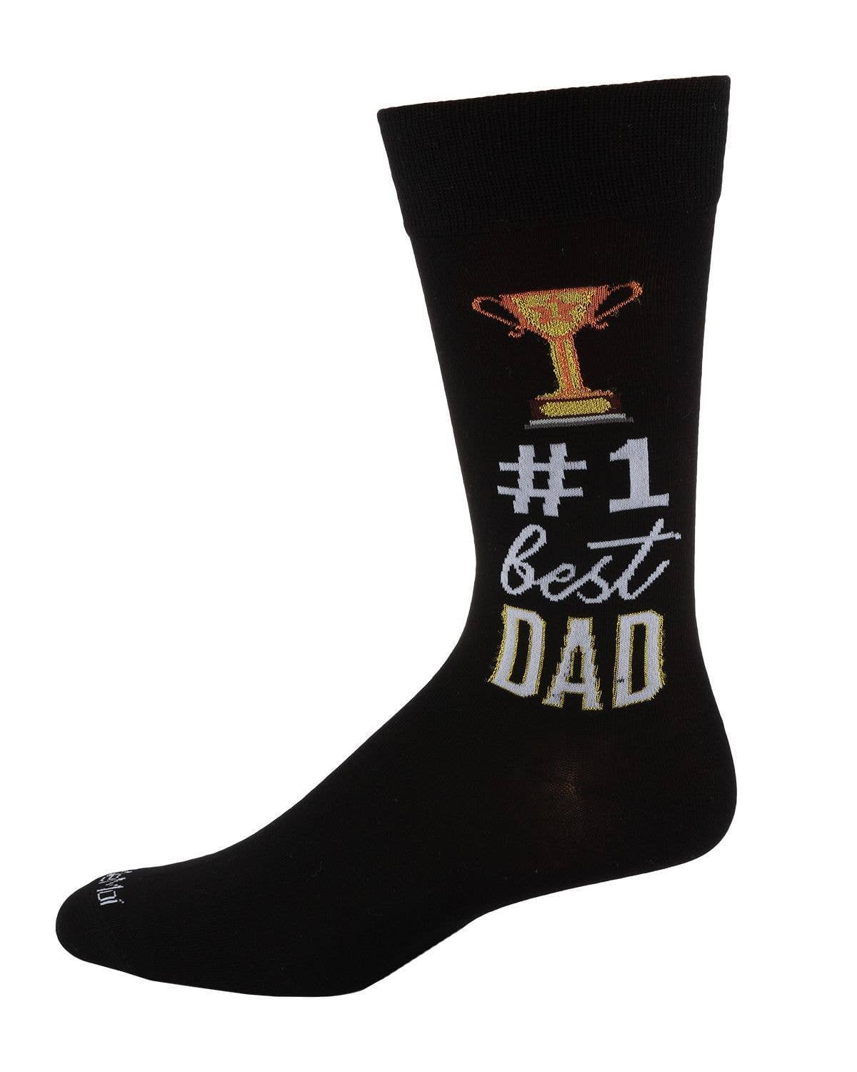 Men's bamboo #1 Best Dad crew socks, black, side view
