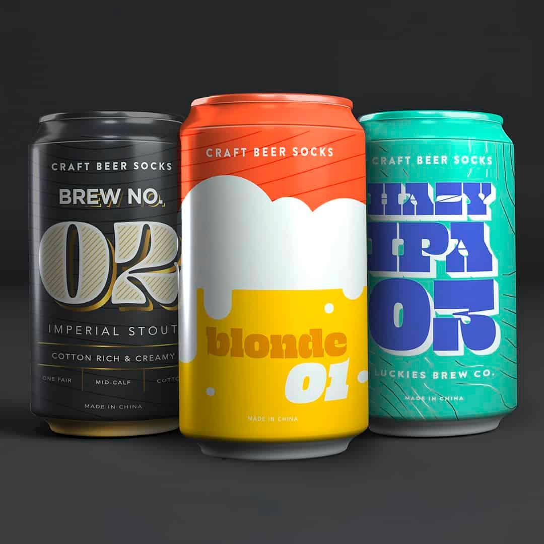 Men's craft beer crew socks in a can, imperial stout, in cans