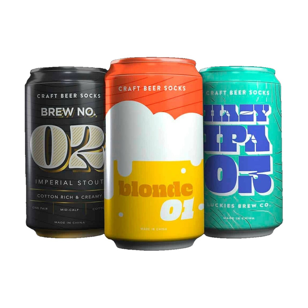 Men's craft beer crew socks in a can, imperial stout, in cans