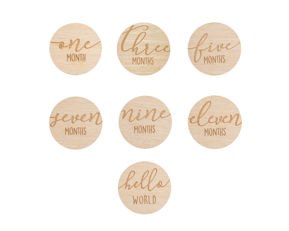Wooden reversible monthly milestone photo discs, front sides