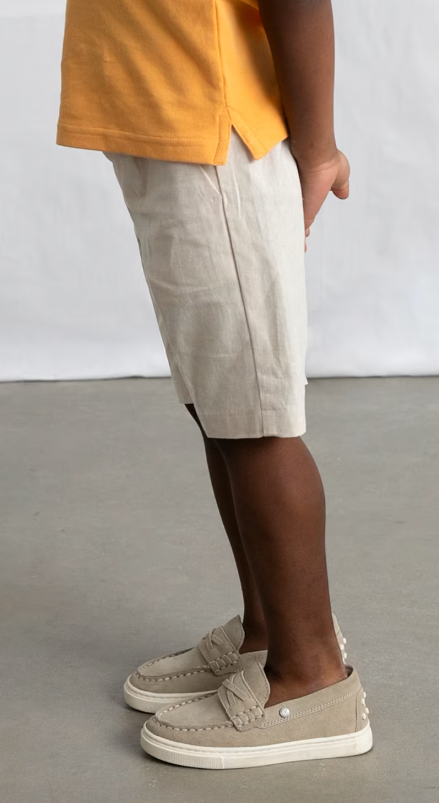 Mayoral boys oat cotton linen Bermuda shorts, on a boy, side view