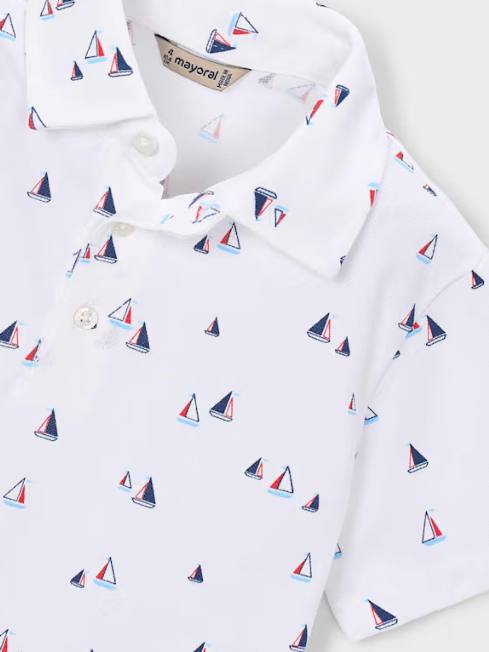 Mayoral boys white and red sailboat print polo shirt, close-up of the print