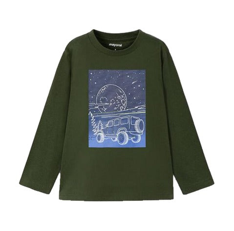 Mayoral boys glow in the dark print t-shirt, moss, front view