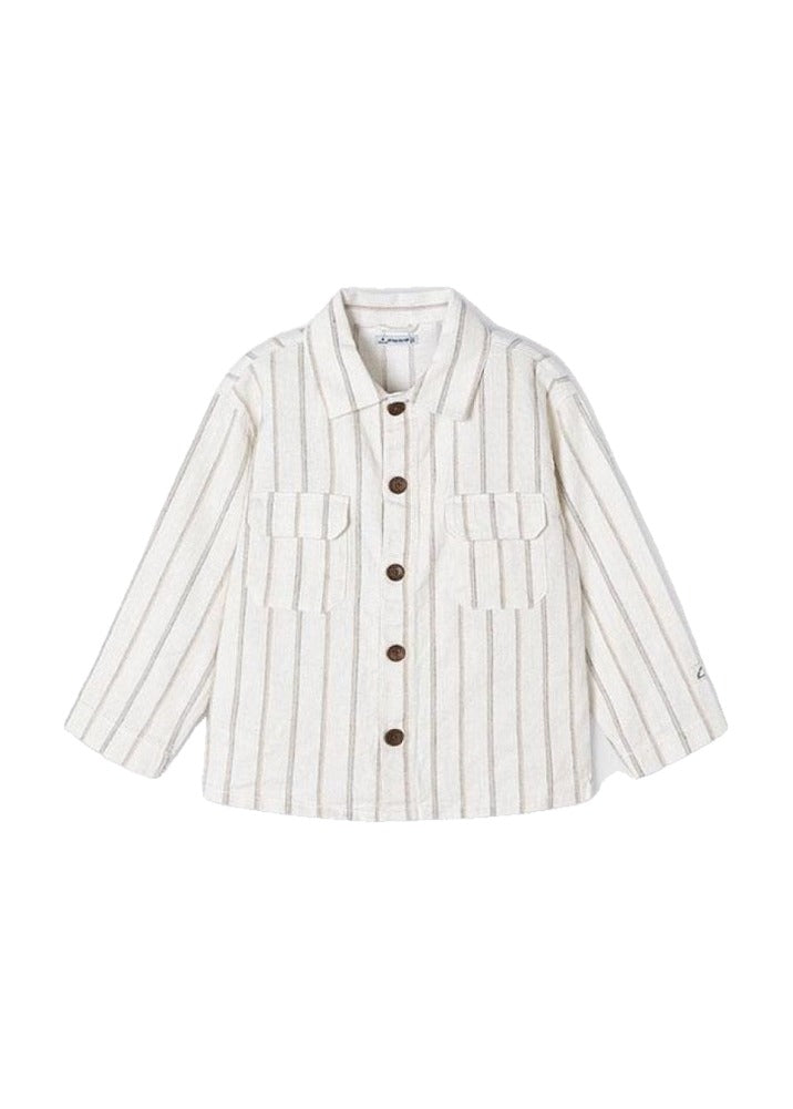 Mayoral boys long sleeve button up linen over shirt, natural milk stripe, front view