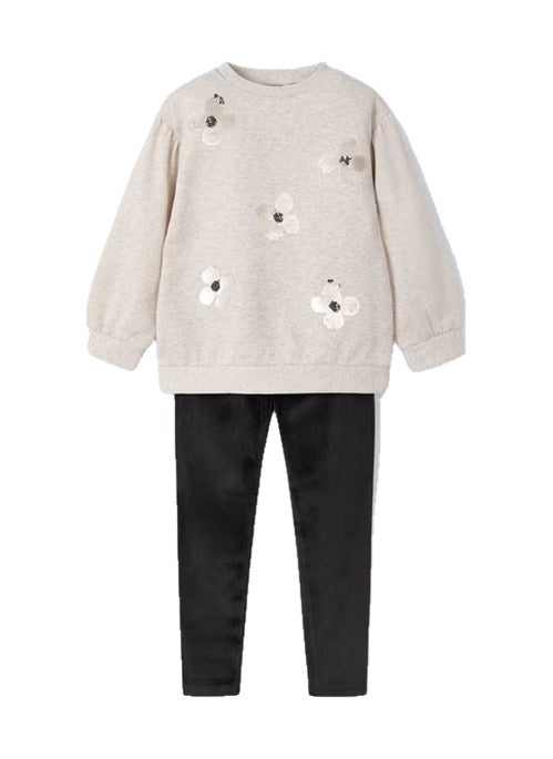 Mayoral girls flower puff cuff sweatsuit and legging set, black, front view