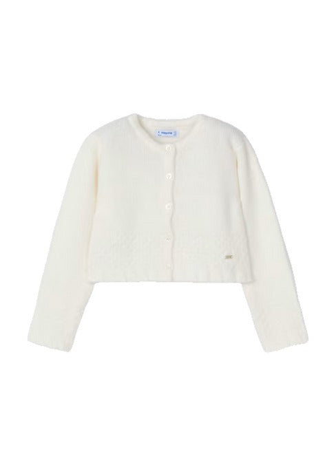 Mayoral girls knitted cardigan, natural white, front view