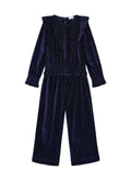 Mayoral girls velvet pant set, navy, front view